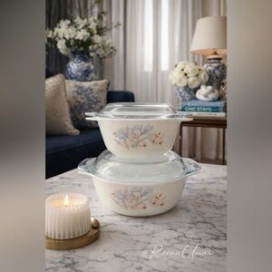 Vintage Pyrex England “Blue Iris” Casserole Dishes with Lids – Set of 2